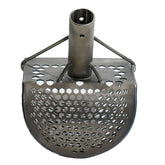 Underside of Loch Ness Mini scoop showing rounded hex-perforated basket and mounting tube