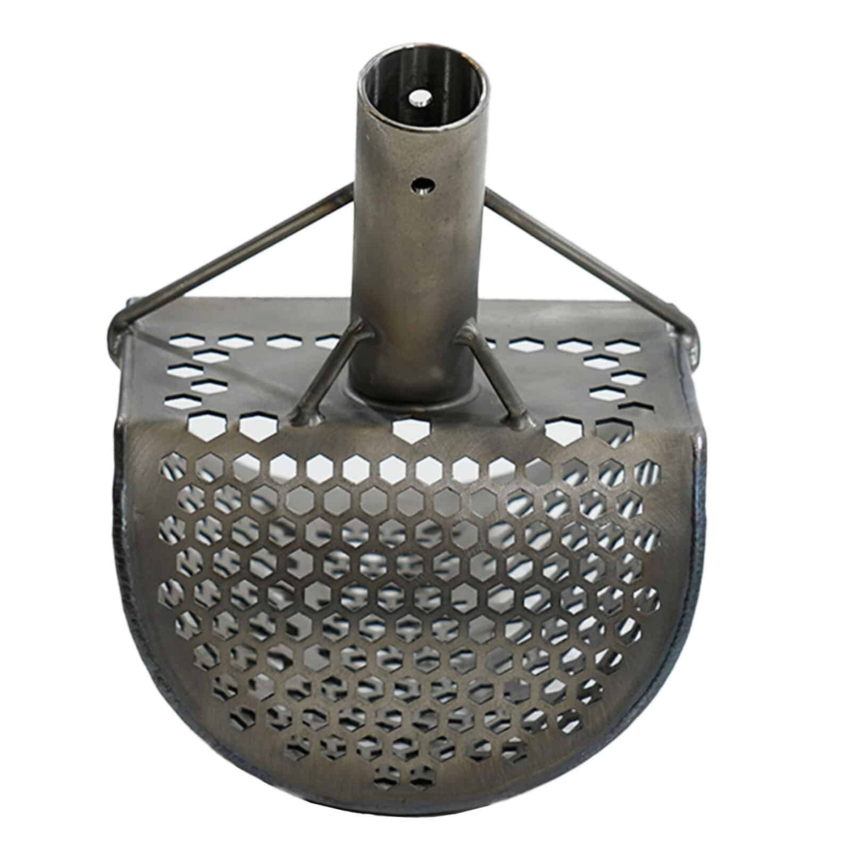 Underside of Loch Ness Mini scoop showing rounded hex-perforated basket and mounting tube