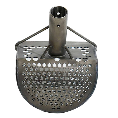 Underside of Loch Ness Mini scoop showing rounded hex-perforated basket and mounting tube