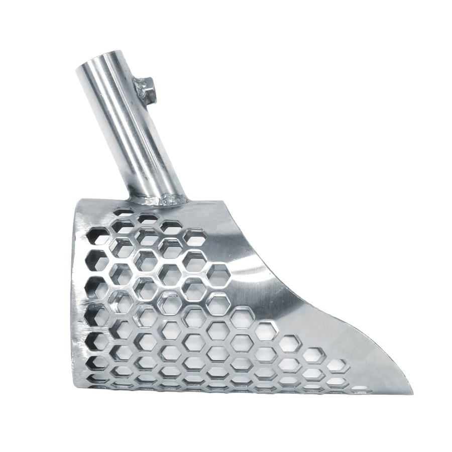 Side view of Stingray 6x3.5 inch sand scoop showing stainless steel construction