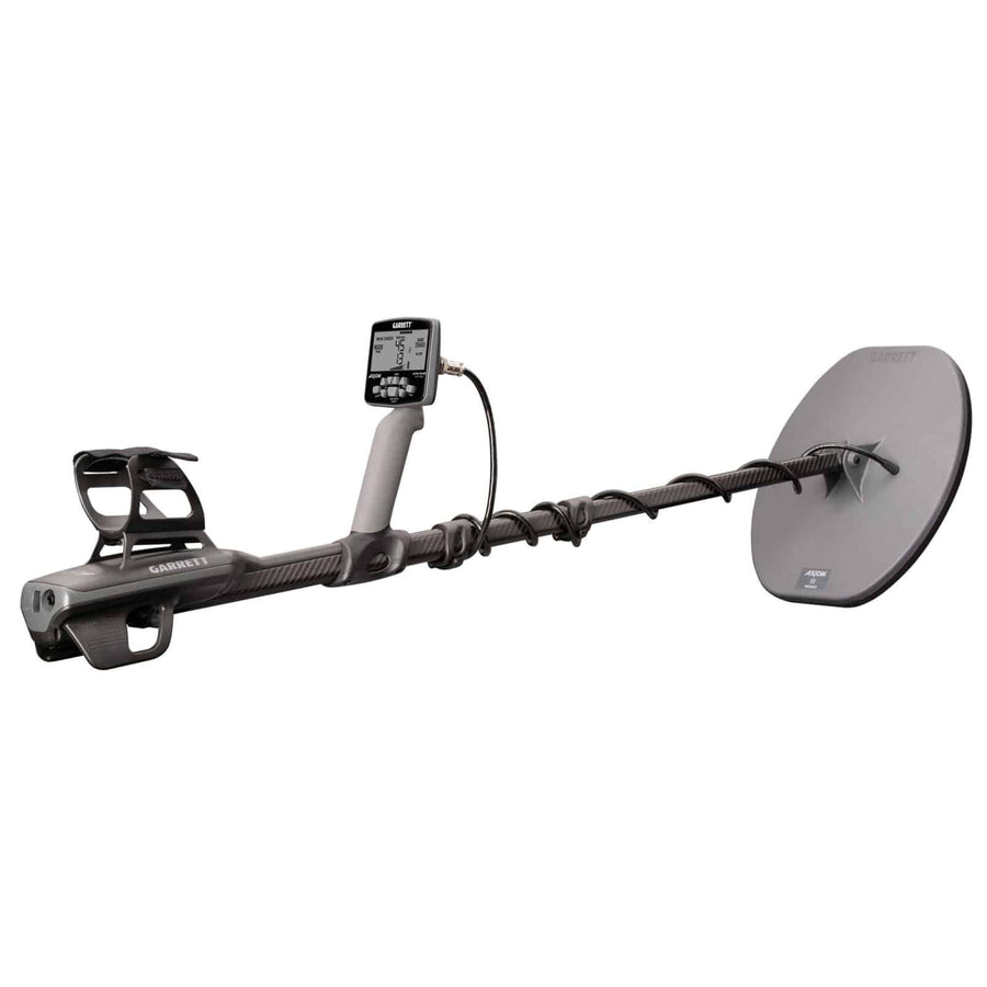 Horizontal view of the Garrett Axiom metal detector with display screen powered on. 