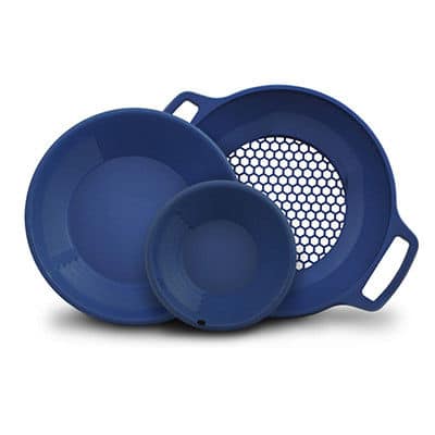 Minelab PRO-GOLD 15 inch pan, 10 inch pan, and hex-mesh classifier nested together