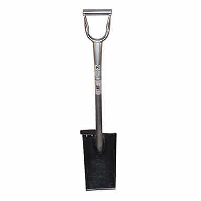 King of Spades 40-inch shovel with 13-inch tapered edge, all-tubular D-handle, and rubber foot pad for compacted soil digging