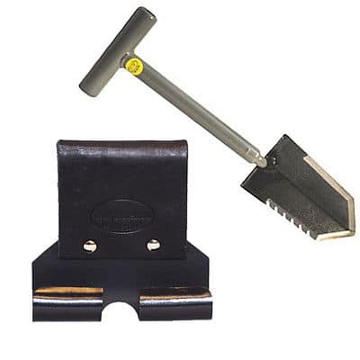 Lesche Mini Sampson 18-inch T-handle shovel with serrated edge and black leather holster on white background