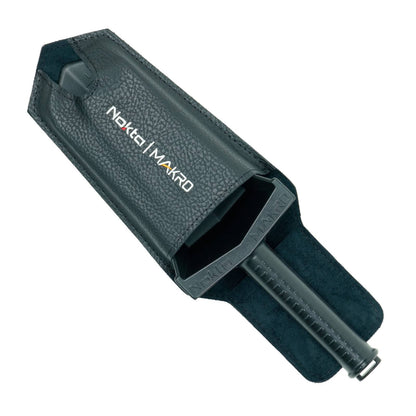 Nokta digger with leather holster attached to belt for metal detecting