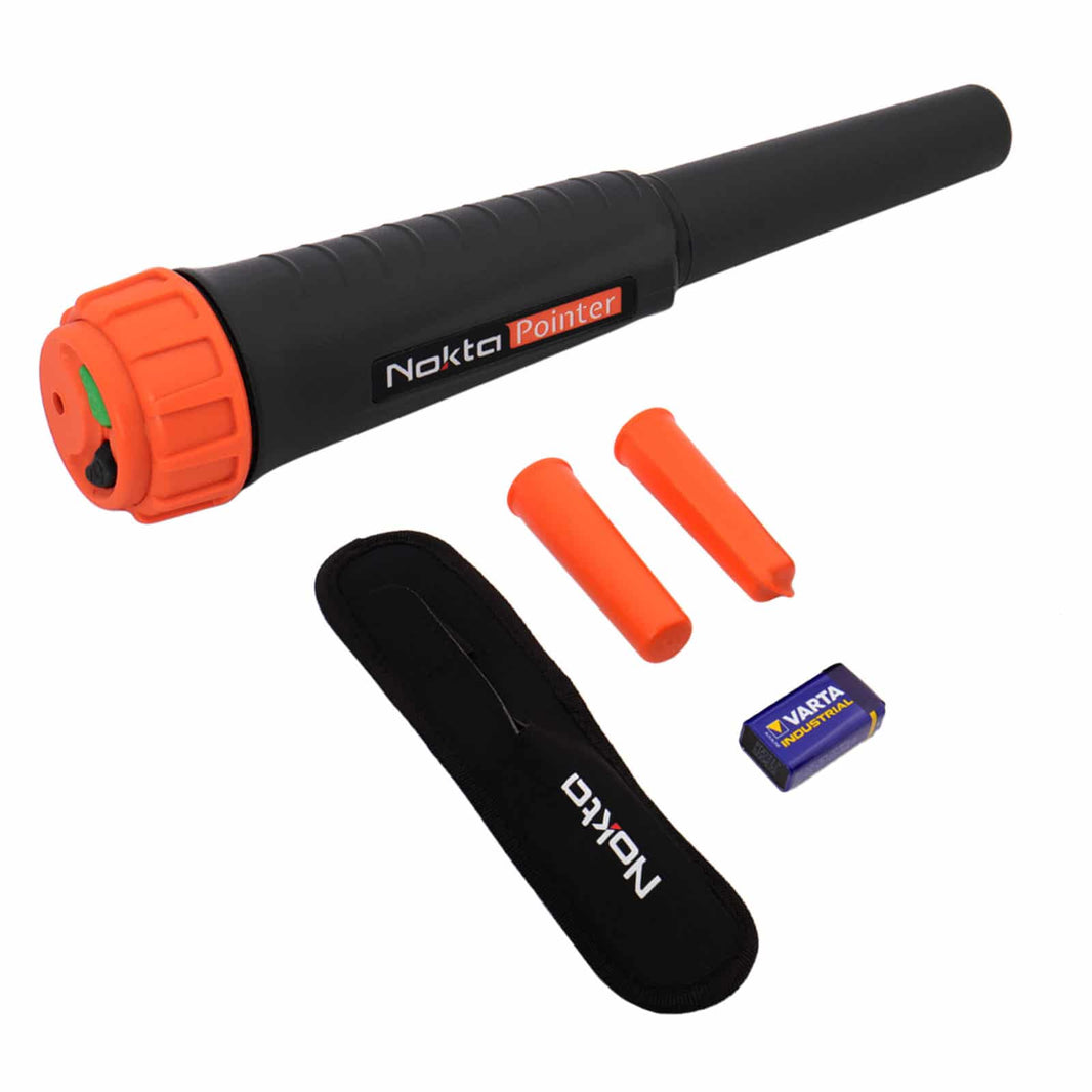 Nokta Pointer waterproof pinpointer with orange and gray body and LED light