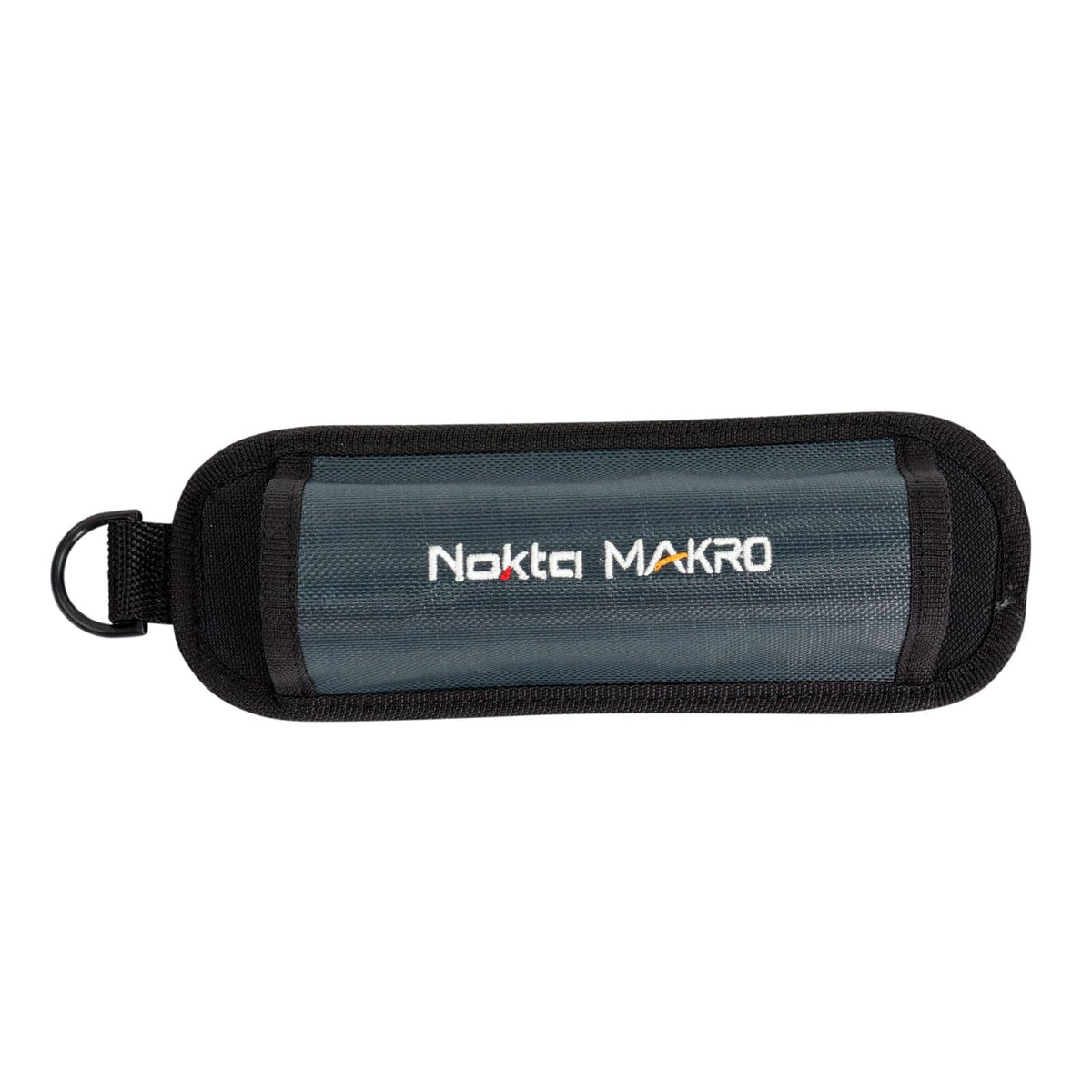 A gray and black holster for the pinpointer attachment with the Nokta logo embroidered on the side