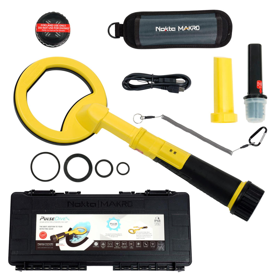 The Yellow Nokta PulseDive Scuba Detector is shown with pinpointer attachment, holster, hard case, charging cable, and lanyard
