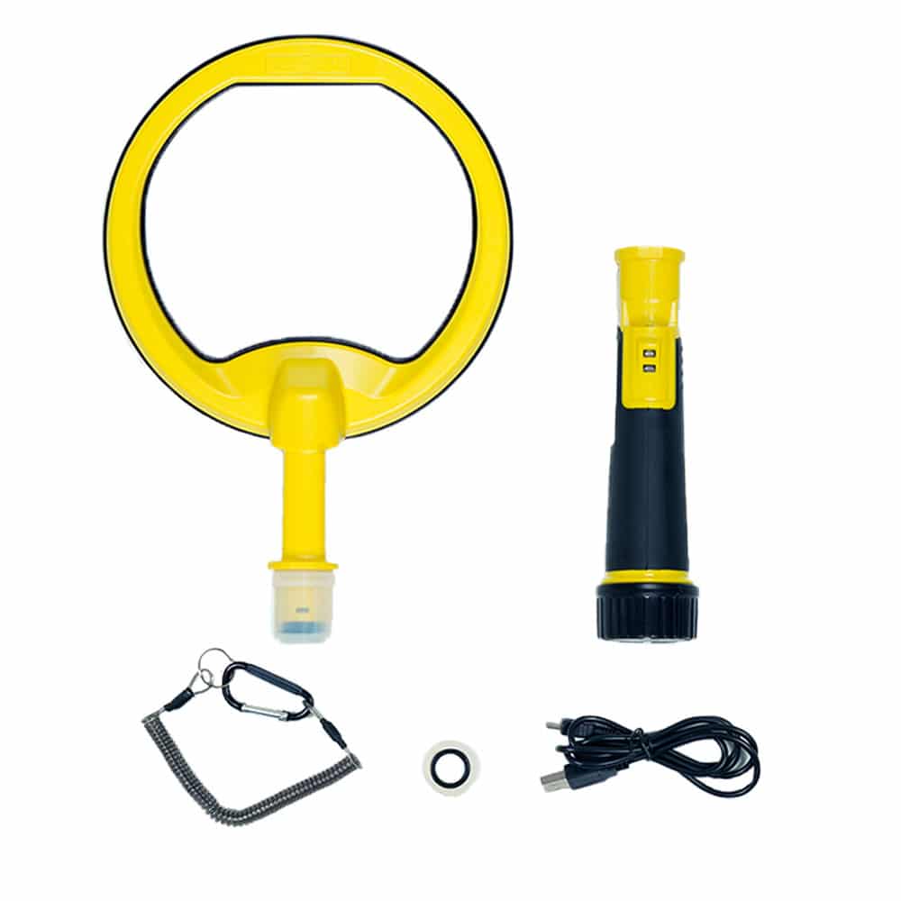 Nokta PulseDive yellow scuba detector with handle, 8-inch coil and accessories displayed.