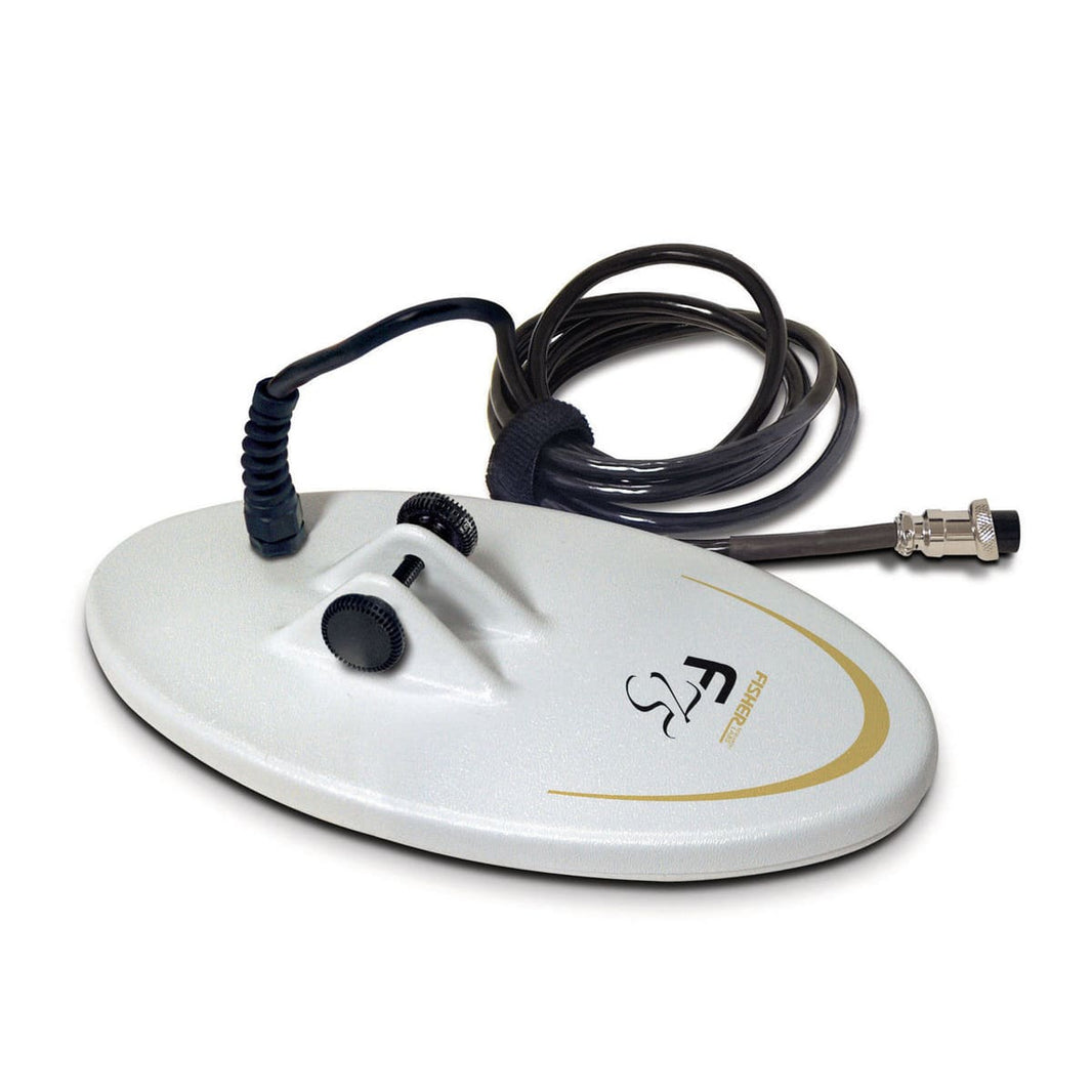 Fisher 10-inch DD white elliptical search coil with gold trim and screw-on connector for F75 and F70 detectors