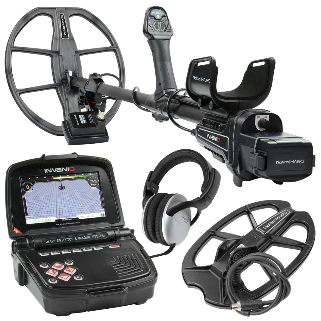 Nokta Invenio Standard Pack complete metal detector system with control pod, headphones and coil laid out