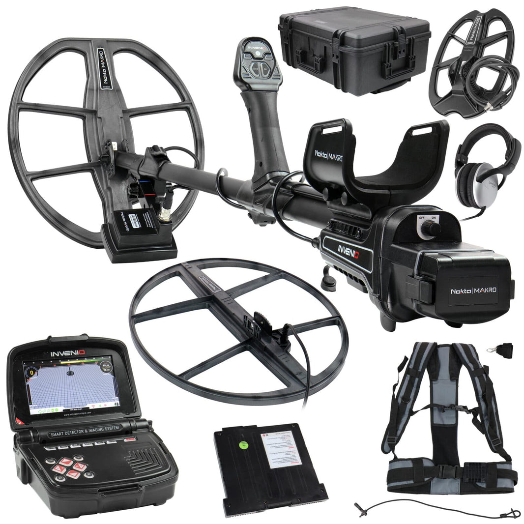 Nokta Invenio Pro metal detector system with wireless control box and shaft displayed