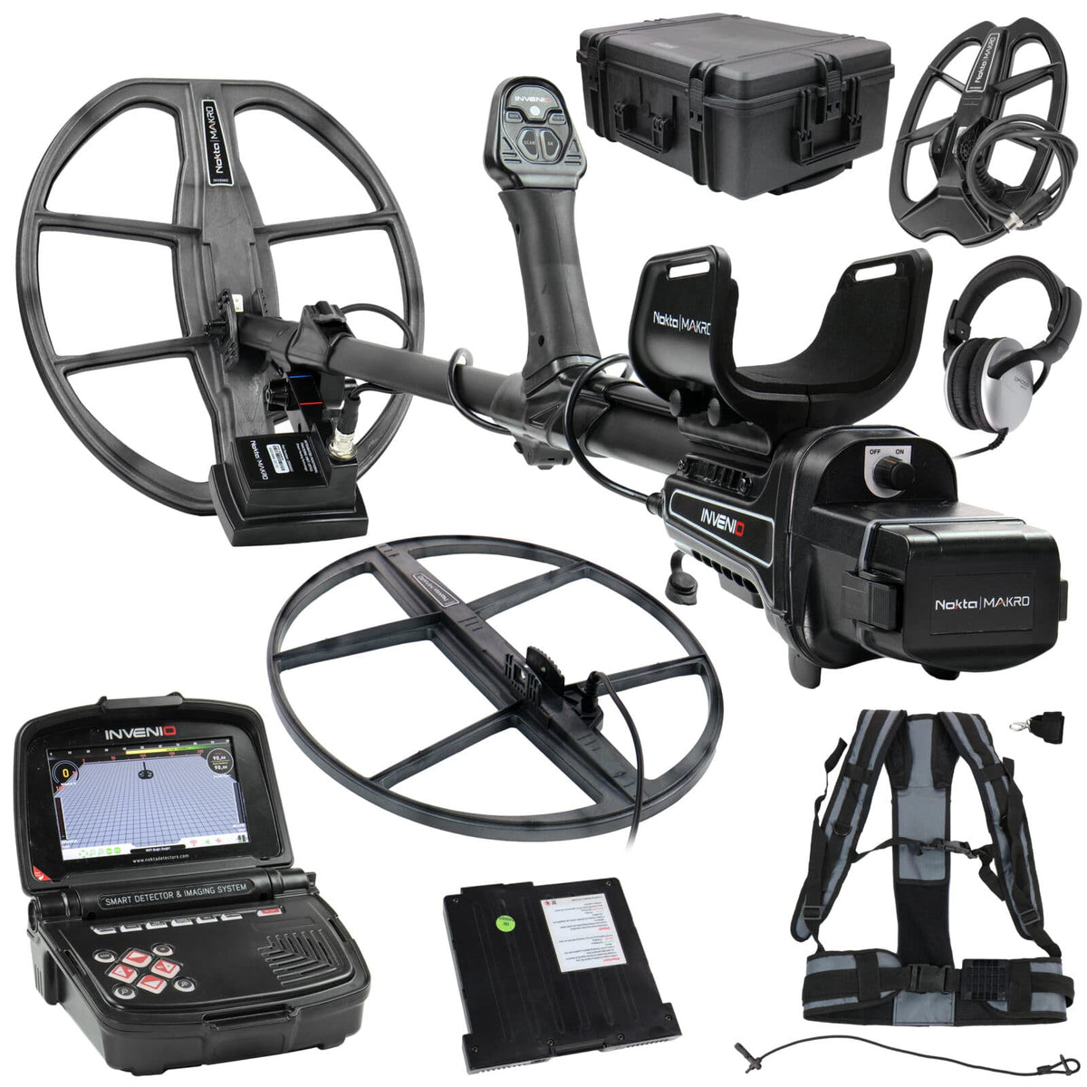 Nokta Invenio Pro metal detector system with wireless control box and shaft displayed