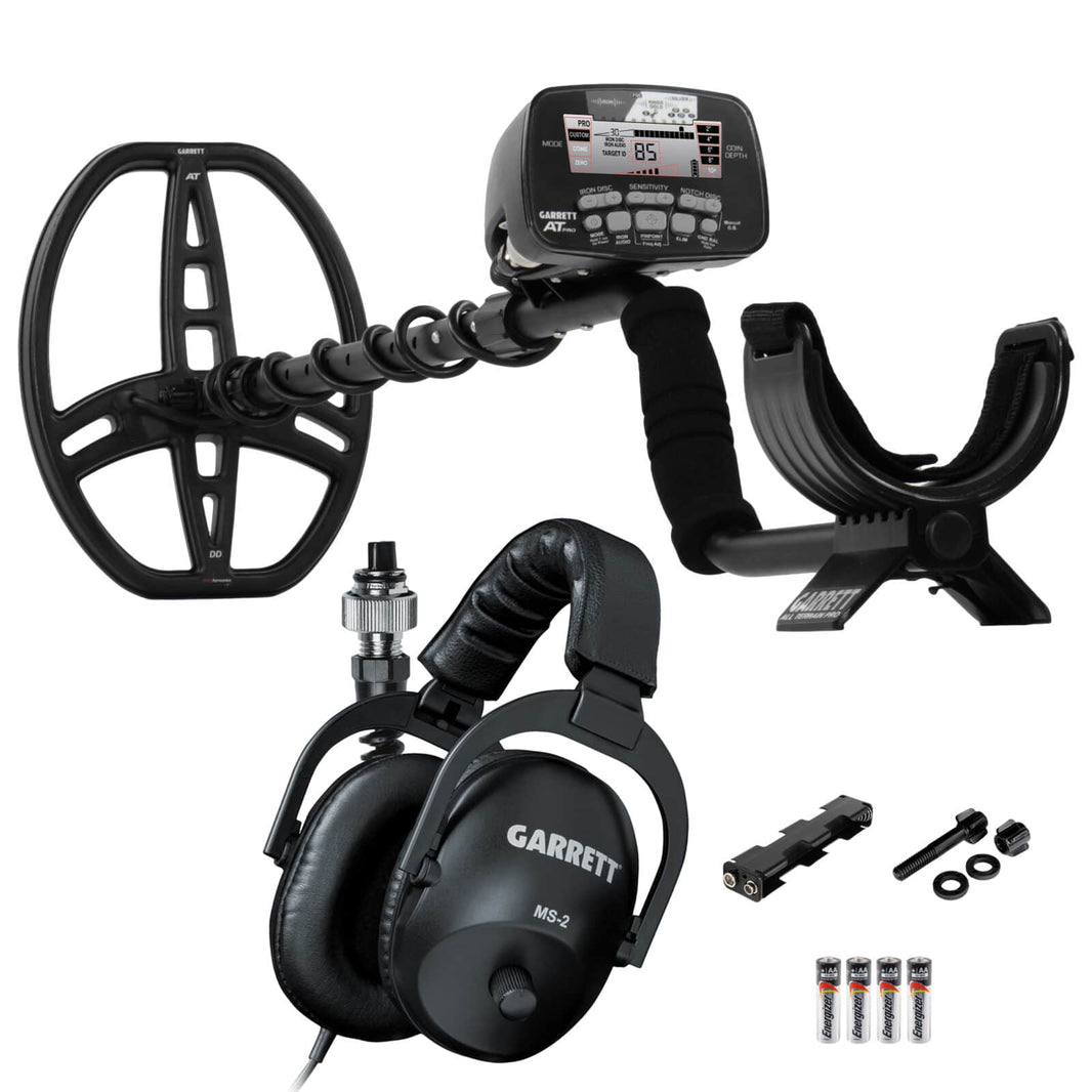 Garrett AT PRO metal detector with 8.5 x 11 inch DD coil, control box, and armrest on white background