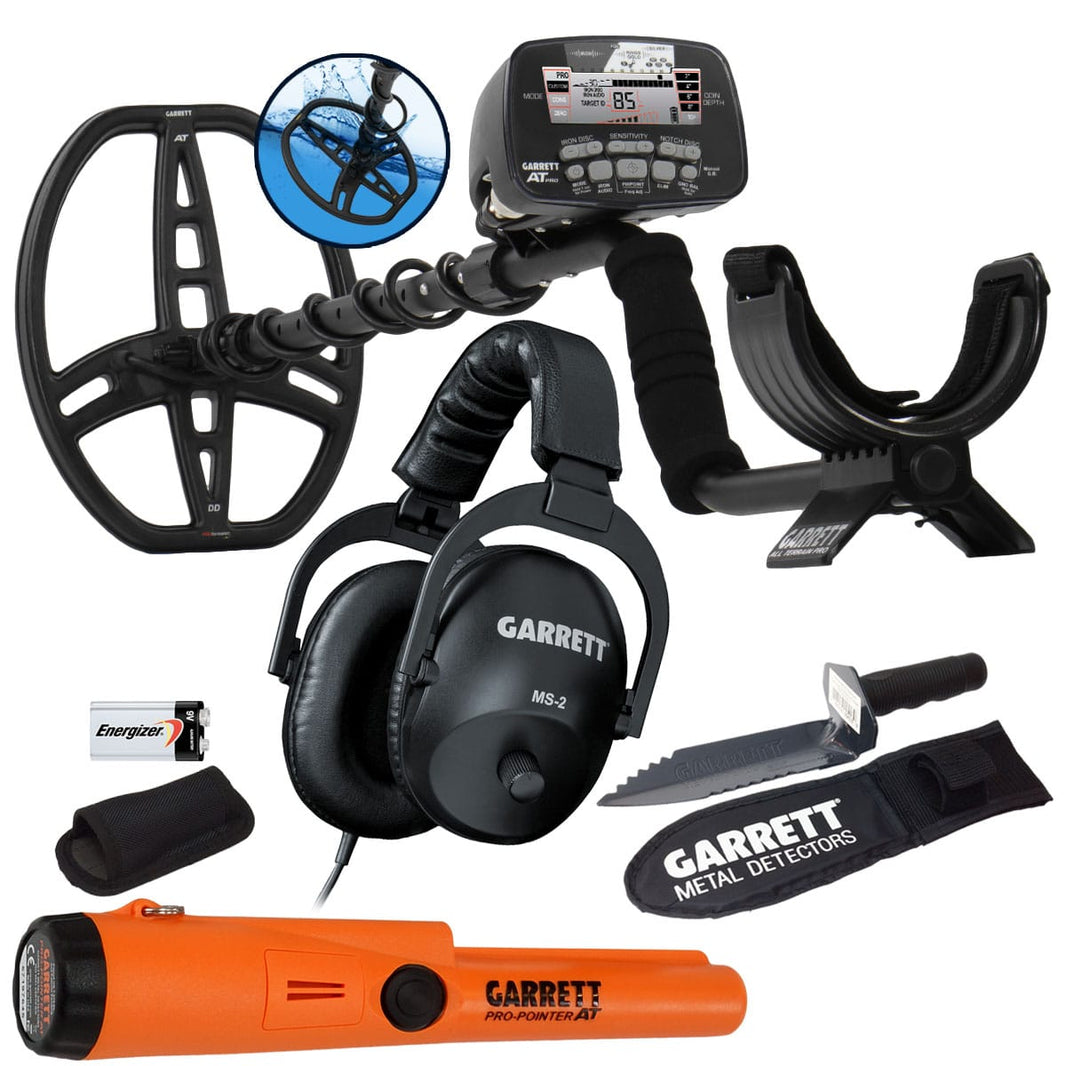 Garrett AT Pro bundle: detector with 8.5 x 11 DD coil, MS-2 headphones, Pro-Pointer AT pinpointer, Edge Digger with sheath and 9V battery