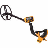 Garrett ACE 400 metal detector at an angle showing the 8.5 by 11 inch DD coil, camlock shaft, foam grip and yellow armrest