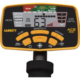 Garrett ACE 400 control panel with 0 to 99 Target ID display, coin depth scale, and Mode, Sensitivity, Discrim and Iron Audio buttons