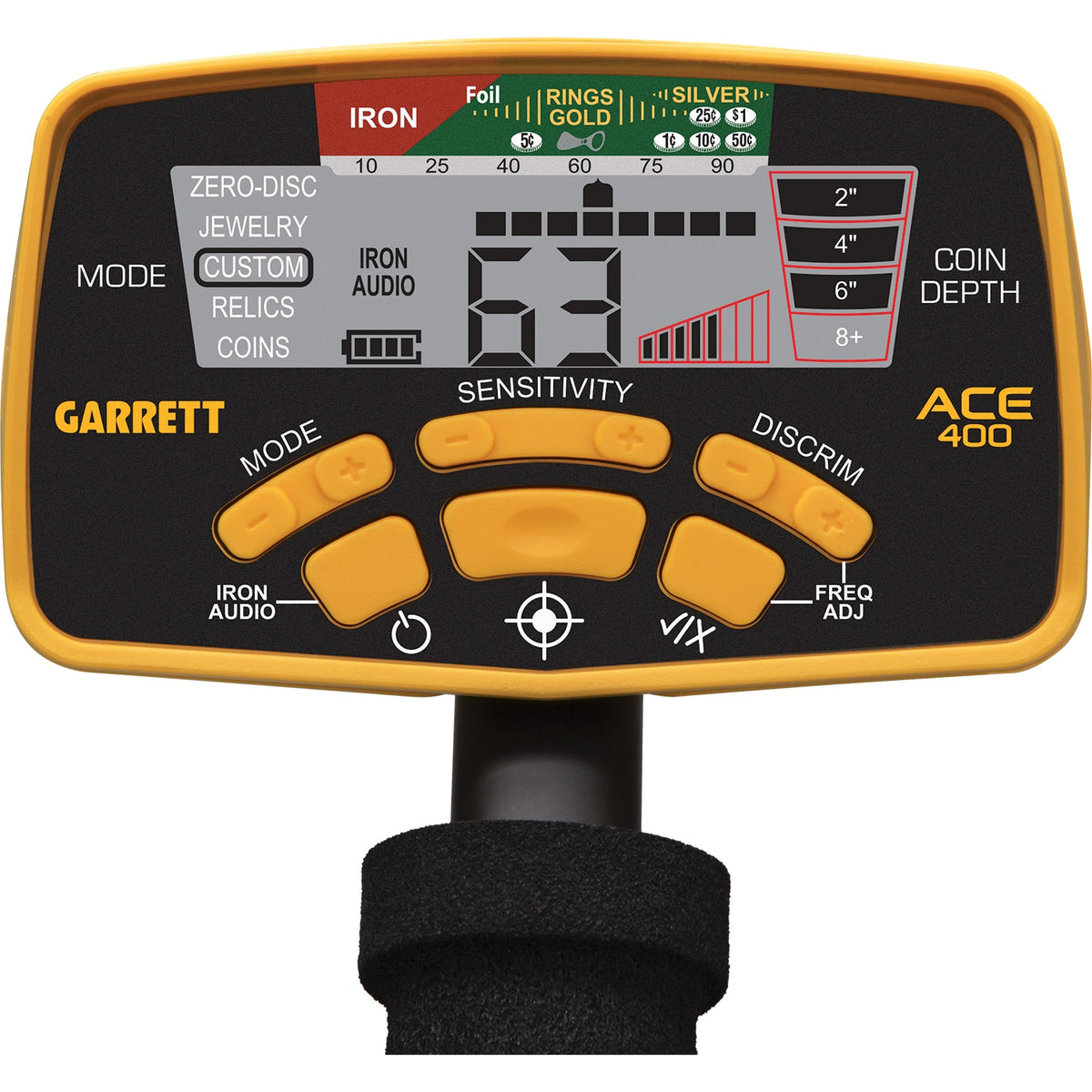 Garrett ACE 400 control panel with 0 to 99 Target ID display, coin depth scale, and Mode, Sensitivity, Discrim and Iron Audio buttons