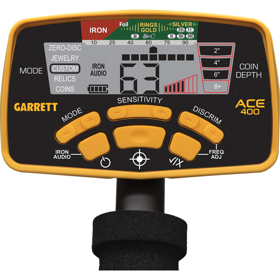 Garrett ACE 400 control panel with 0 to 99 Target ID display, coin depth scale, and Mode, Sensitivity, Discrim and Iron Audio buttons