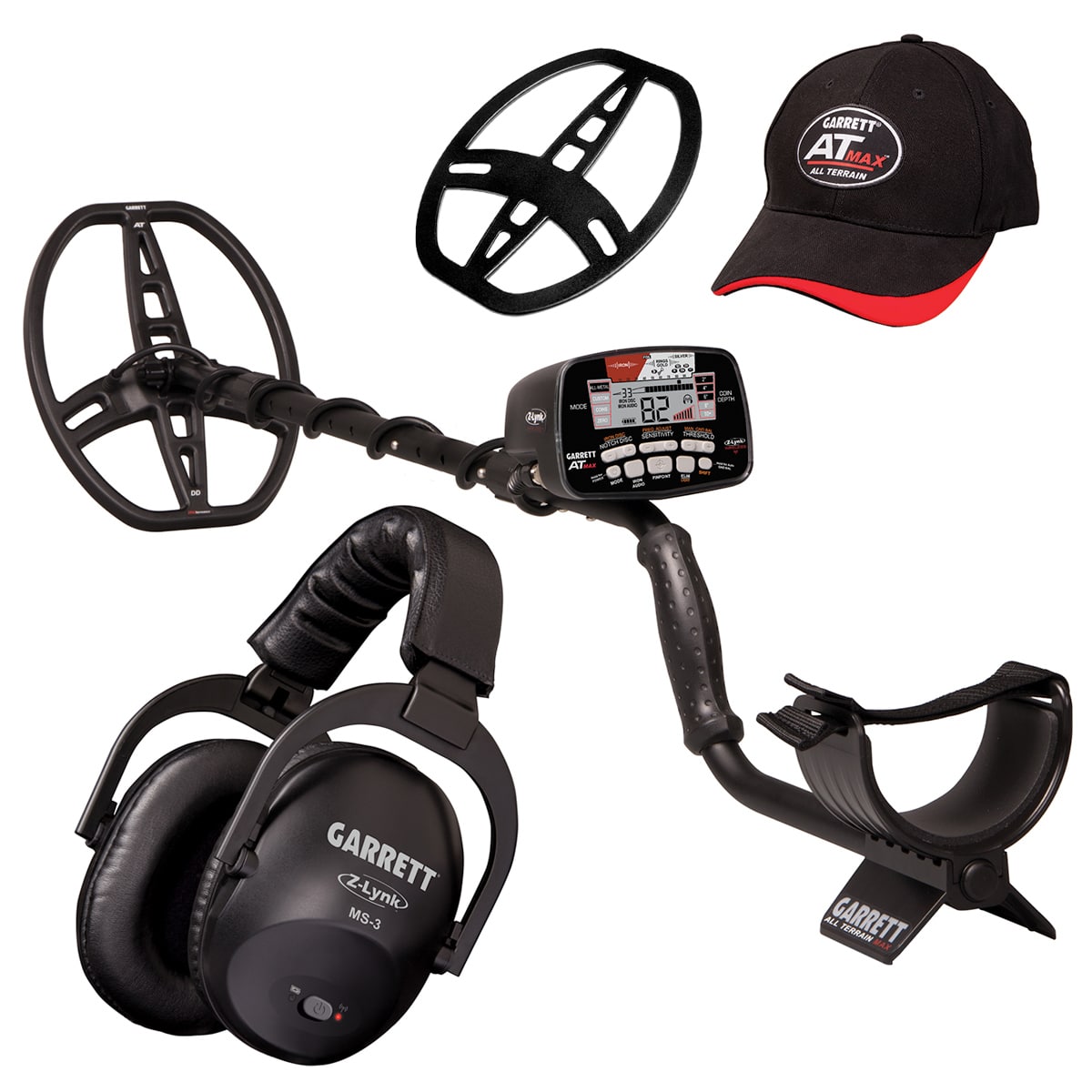 The Garrett AT MAX metal detector with wireless headphones, skid plate and Garrett baseball cap