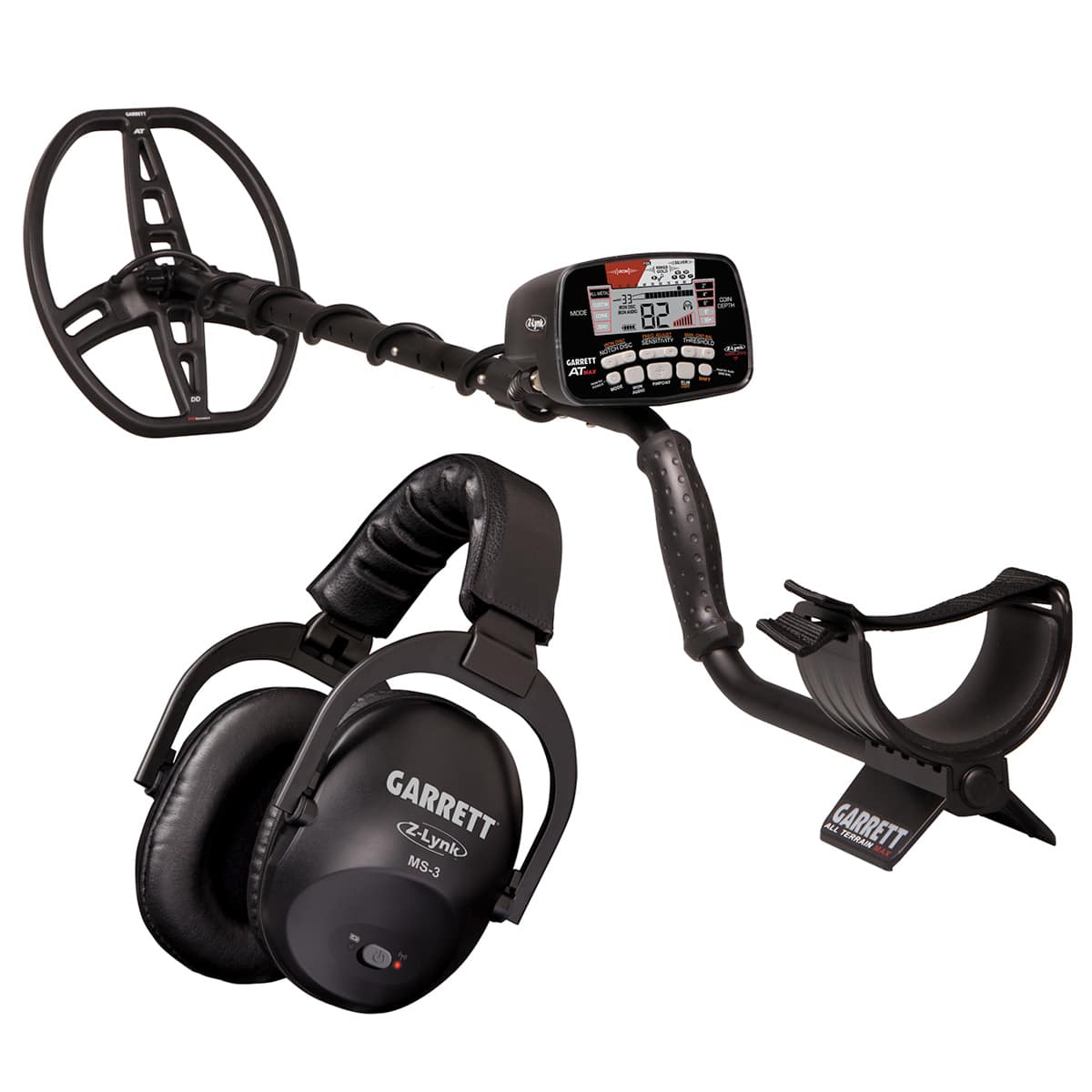 The Garrett AT MAX metal detector shown next to the Garrett Z-Lynk MS-3 wireless headphones 