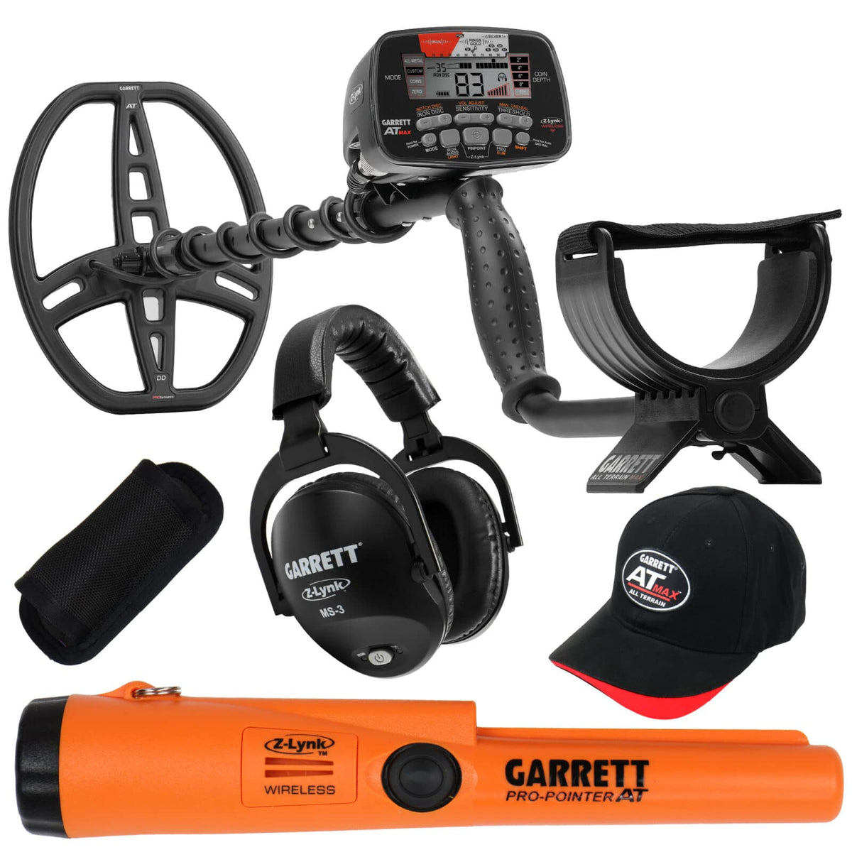 The Garrett AT MAX metal detector with Pro Pointer AT Z-Lynk pinpointer with holster, wireless headphones and Garrett baseball cap