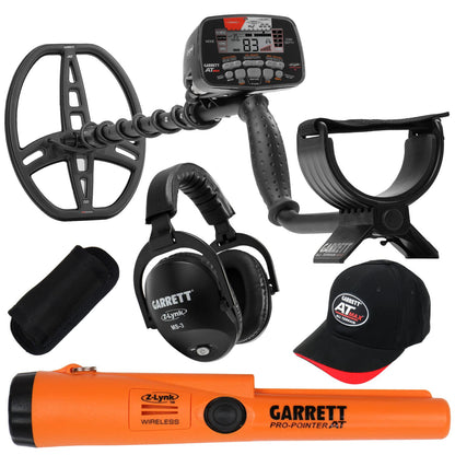 The Garrett AT MAX metal detector with Pro Pointer AT Z-Lynk pinpointer with holster, wireless headphones and Garrett baseball cap