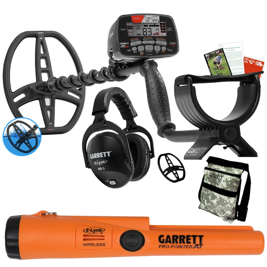 Garrett AT MAX Metal Detector with Pro-Pointer AT Z-Lynk pinpointer and camo diggers pouch bundle