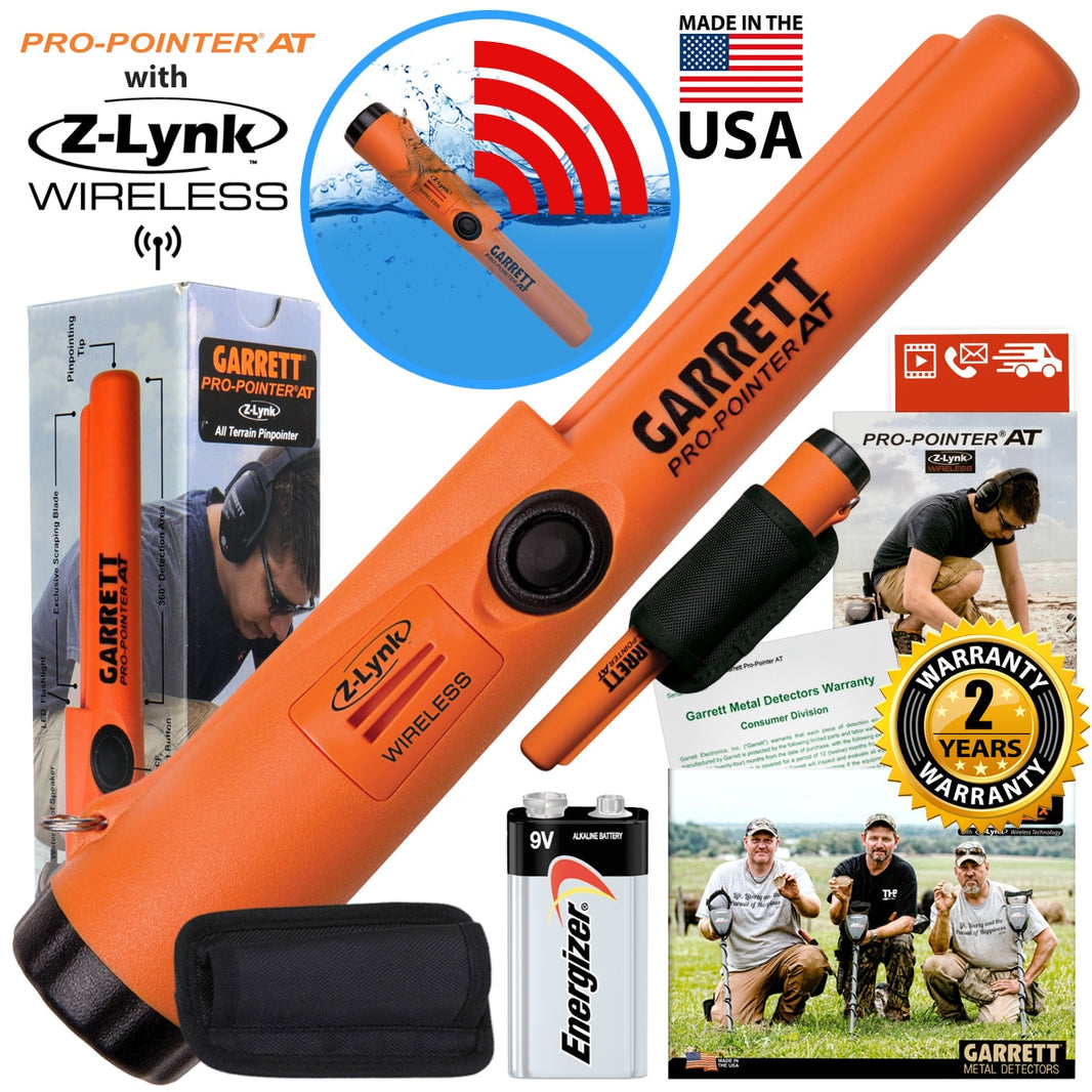 Garrett Pro-Pointer AT Z-Lynk, pinpointer, retail box, holster, 9V battery, and 2-year warranty badge with holster