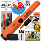 Garrett Pro-Pointer AT Z-Lynk kit contents with pinpointer, holster, battery, and warranty badge