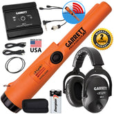 Garrett Pro-Pointer AT Z-Lynk kit contents with pinpointer, retail box, holster, 9V battery, and 2-year warranty badge