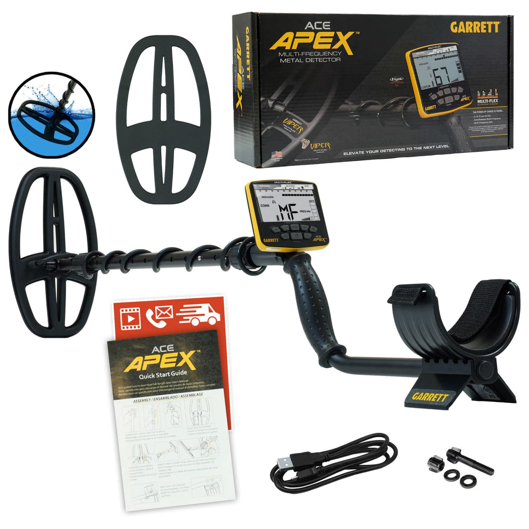 Garrett ACE APEX metal detector control box mounted on shaft displaying US coins target mode and depth indicator