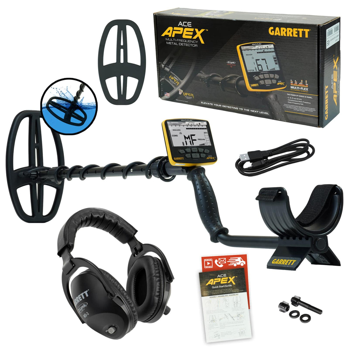 Garrett ACE Apex metal detector with yellow control box, adjustable shaft, DD Viper coil, and Z-Lynk wireless headphones on white background