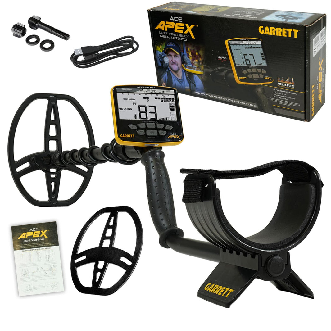 Garrett ACE Apex metal detector with yellow control box, 8.5 x 11 Raider DD coil, and adjustable aluminum shaft