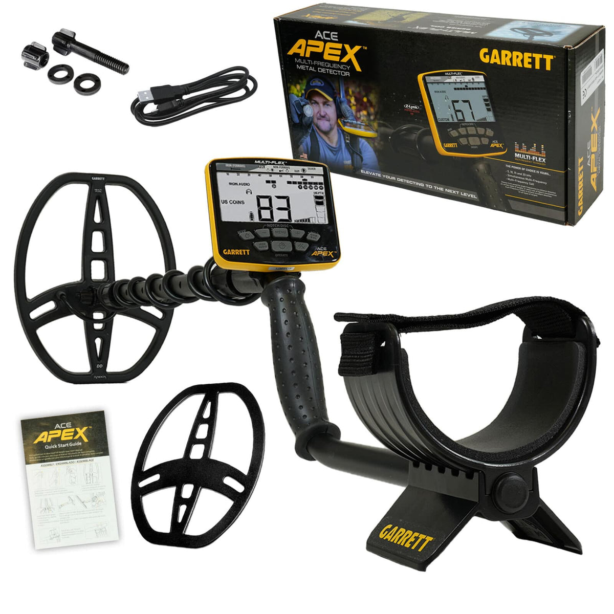 Garrett ACE Apex metal detector with yellow control box, 8.5 x 11 Raider DD coil, and adjustable aluminum shaft