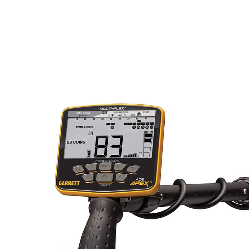 Garrett ACE APEX display in US Coins mode showing target ID 83 and depth indicator
