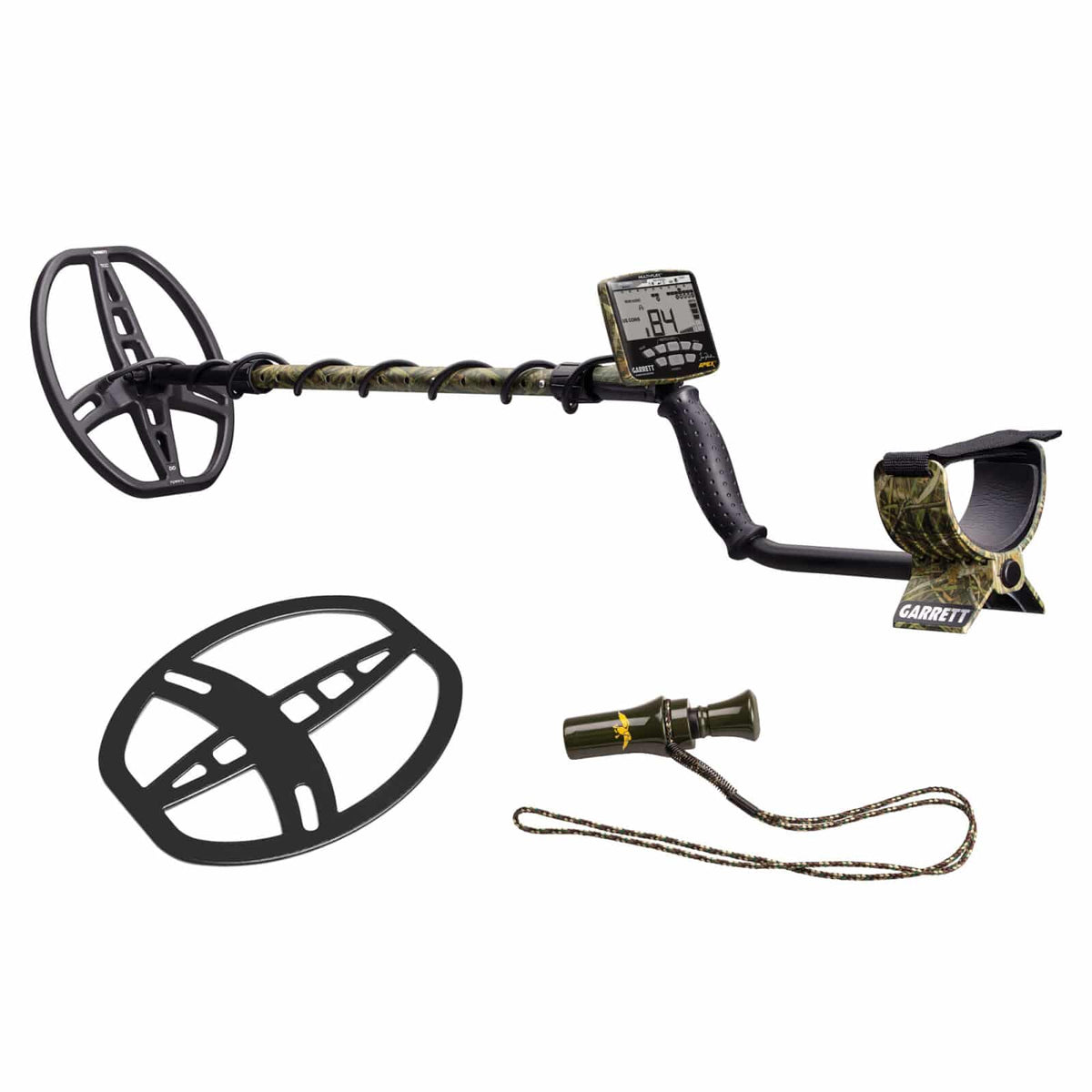 Garrett ACE Apex Jase Robertson Signature Edition metal detector with camo finish, 8.5-inch by 11-inch Raider coil, and backlit LCD display