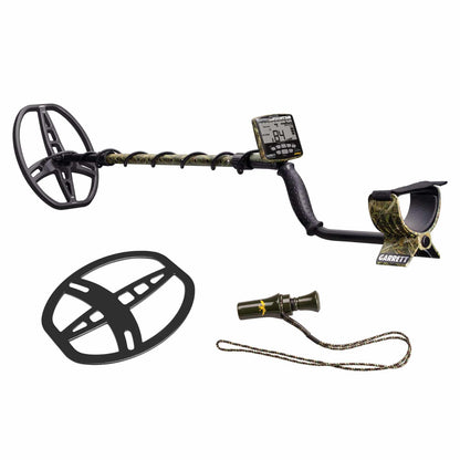Garrett ACE Apex Jase Robertson Signature Edition metal detector with camo finish, 8.5-inch by 11-inch Raider coil, and backlit LCD display
