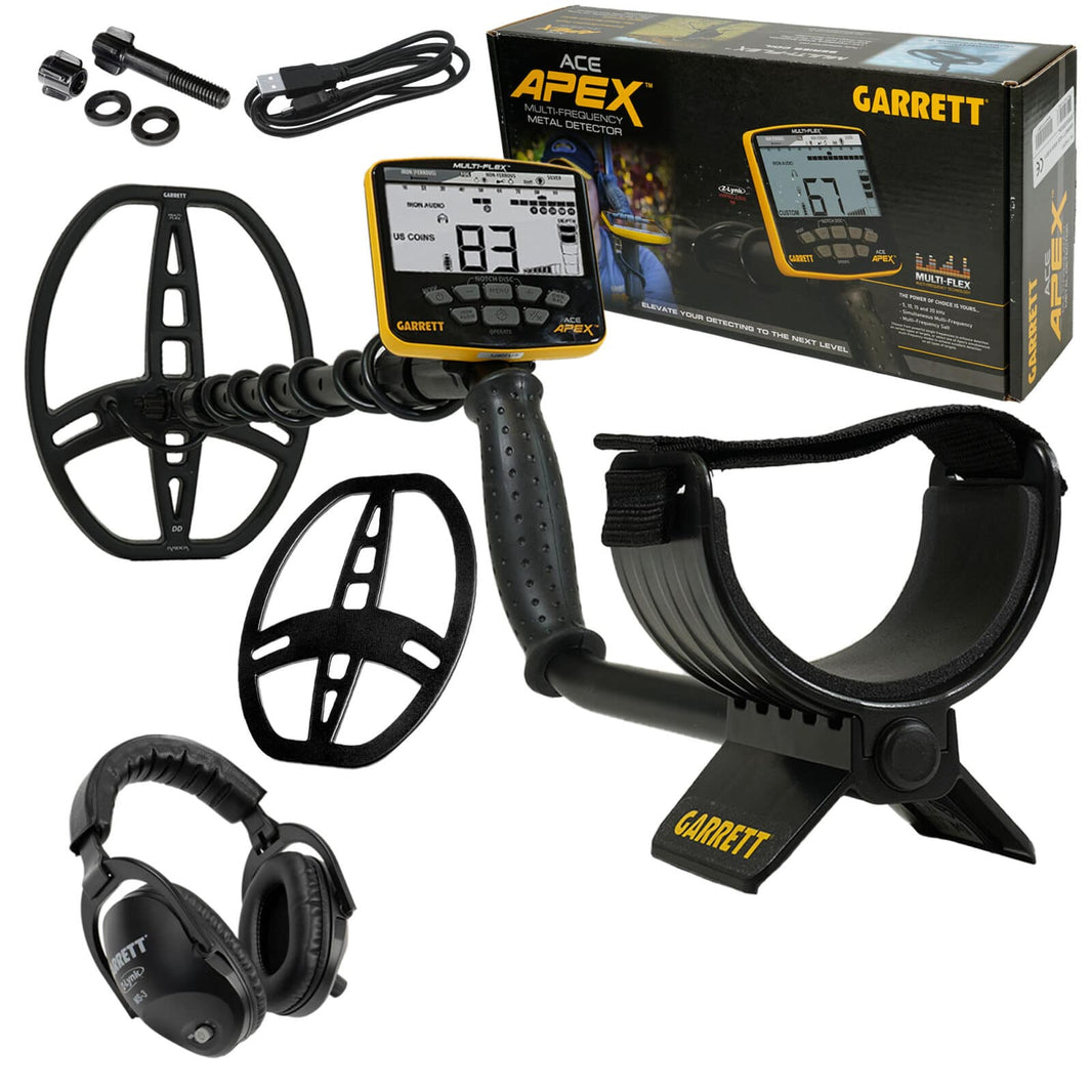 Garrett ACE Apex multi-frequency metal detector with yellow control box, 8.5 x 11 Raider coil, 6 x 11 Viper coil, and wireless Z-Lynk headphones on white background