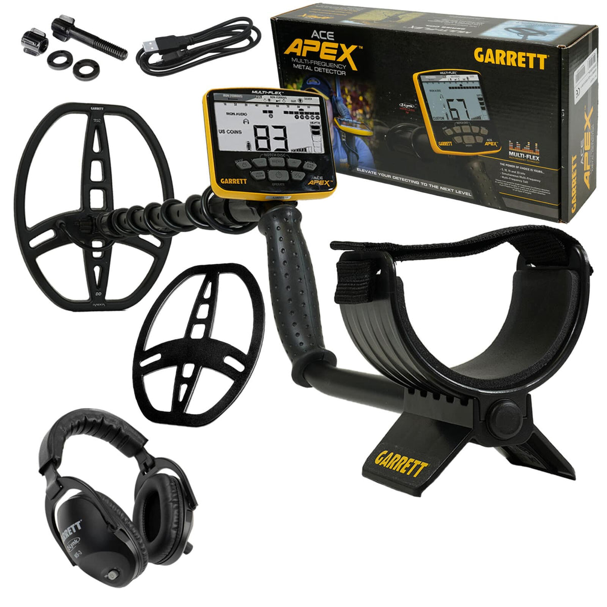 Garrett ACE Apex multi-frequency metal detector with yellow control box, 8.5 x 11 Raider coil, 6 x 11 Viper coil, and wireless Z-Lynk headphones on white background