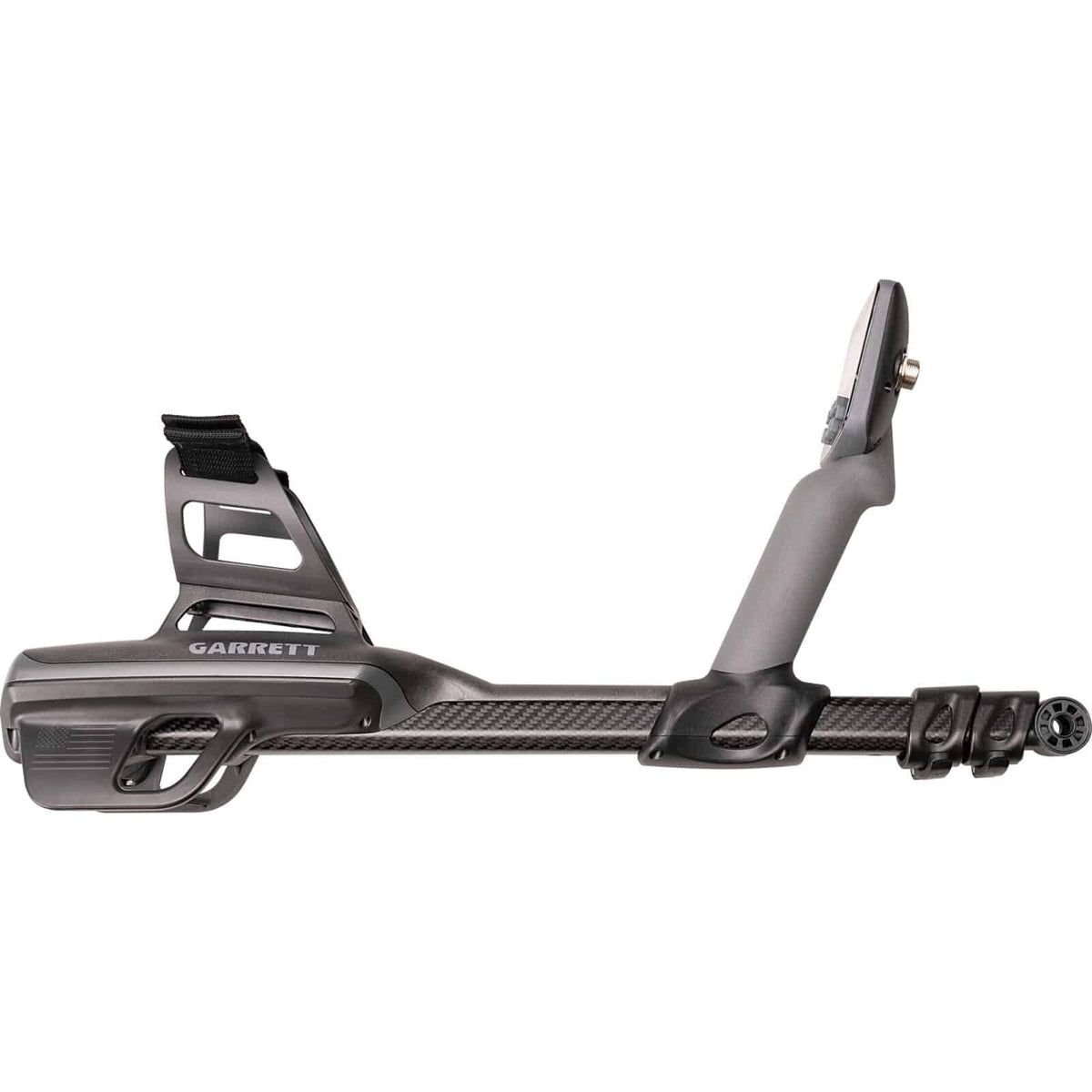 Side view of the Garrett Axiom metal detector fully collapsed without search coil.  