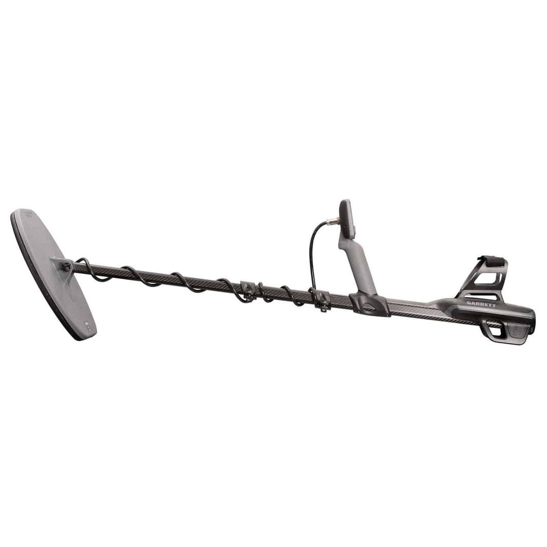 Garrett Axiom metal detector with 11 in x 7 in mono coil, side view