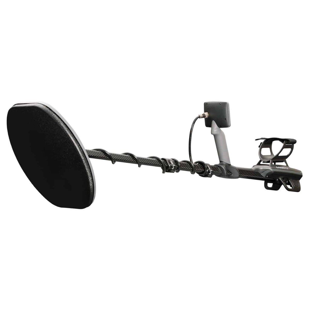 Garrett Axiom metal detector with 13 in x 11 in DD coil, side view