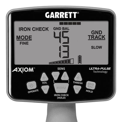 Garrett Axiom control panel showing Iron Check, Fine mode and ground balance reading