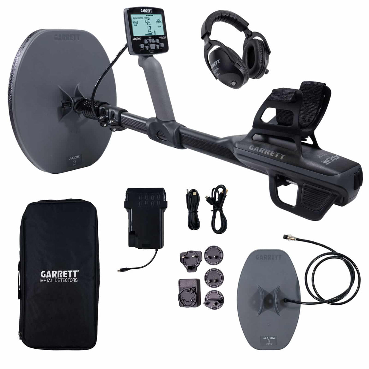 Garrett Axiom metal detector set with accessories on a white background.