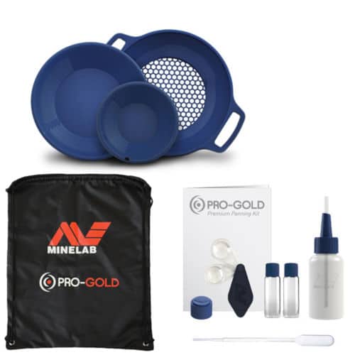 Complete Minelab PRO-GOLD kit: pans, classifier, carry bag, and accessory set