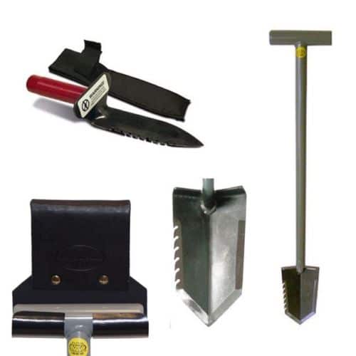 Lesche serrated combo with T-handle shovel, right serrated hand digger, and black Cordura holster on white background