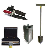 Lesche serrated combo with T-handle shovel, right serrated hand digger, and black Cordura holster on white background
