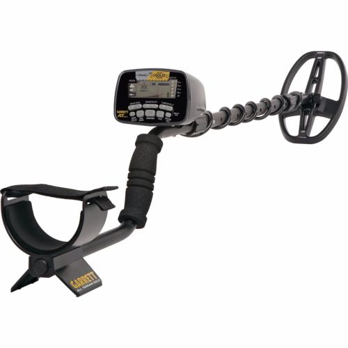 The Garrett AT Gold 18 kHz metal detector with 5 by 8 inch DD coil is shown fully assembled in front of a white backdrop