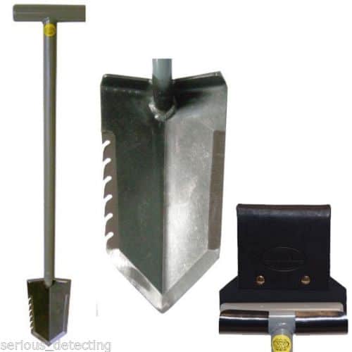 Lesche T-handle shovel with serrated edge and ReadyShovel leather and Kydex holster on white background